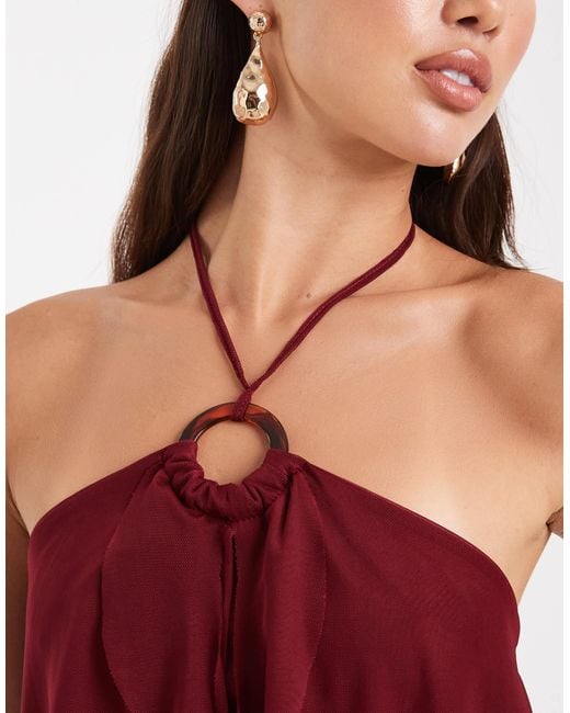 Miss Selfridge Red O Ring Ruffle Split Front Top