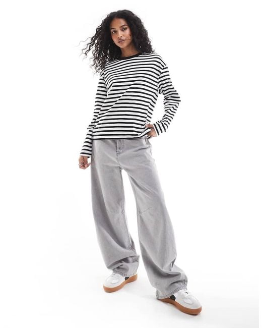 Pull&Bear White Long Sleeve Oversized T-shirt With Stripe Detail