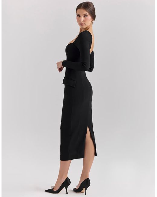House Of Cb Black Ella Stretch Crepe Long Sleeve Midi Dress