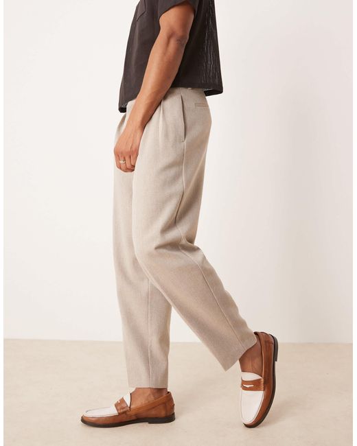 ASOS Natural Smart Oversized Tapered Pleated Trouser With Wool for men
