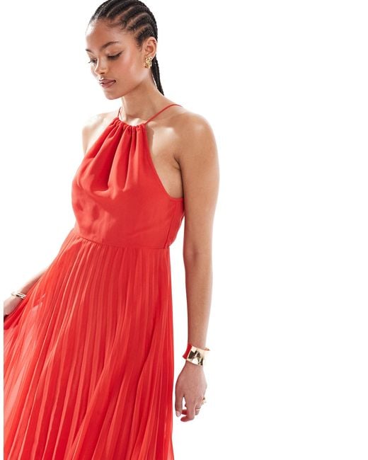 ASOS Red Asos Design Tall Pleated Chiffon Midi Dress With Halter Neck