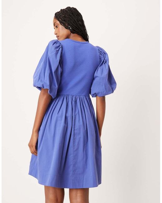 Vestido Corto Azul Con Mangas Abullonadas De Punto Liso Y Algodón De Y.A.S de color Blue
