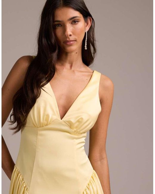 ASOS Natural Bridesmaids Satin Plunge Neckline Dropped Waist Midi Dress