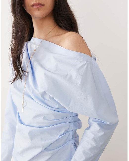 Mango Blue One Shoulder Long Sleeve Cinched Waist Blouse