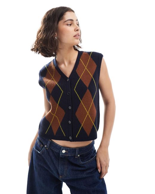 ASOS Blue Boxy Structured Argyle Vest