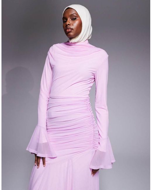 ASOS Purple Stretch Chiffon Ruched Draped Waist Maxi Dress With Fluted Sleeve