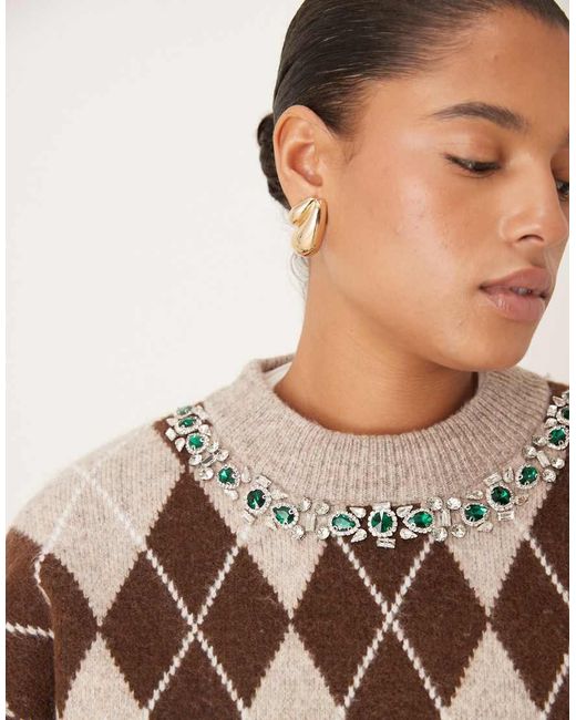ASOS Natural Asos Design Curve Argyle Embellished Neck Jumper