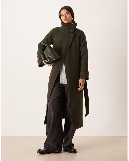 Gina Tricot Black Wool Belted Midaxi Coat With Funnel Neck Detail