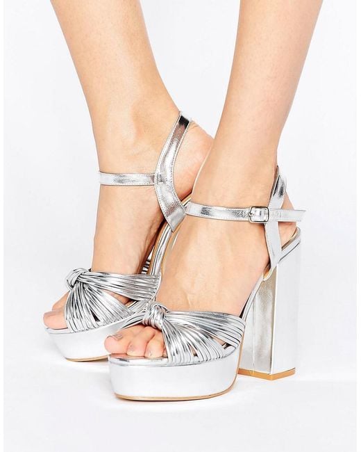 Public Desire Metallic Avalon Knot Silver Platform Heeled Sandals