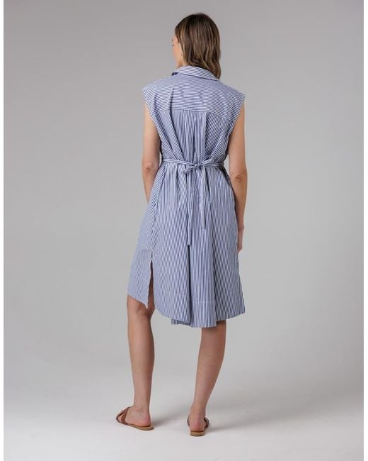 French Connection Blue Cotton Blend Striped Sleeveless Midi Collared Shirt Dress