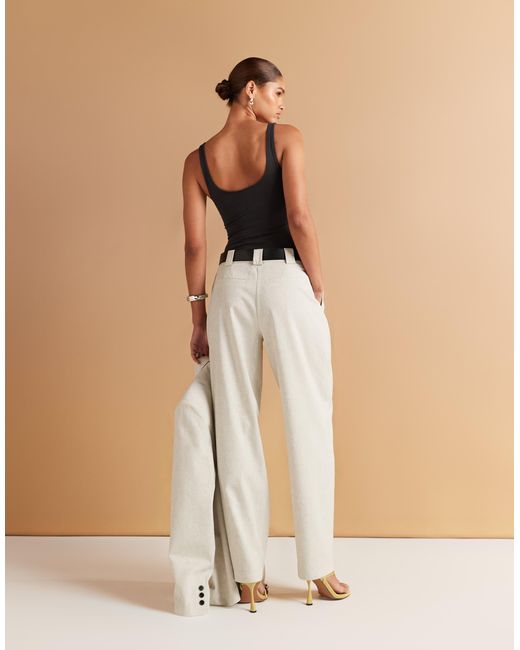 ASOS Natural Tailored Textured Barrel Leg Trousers With Belt