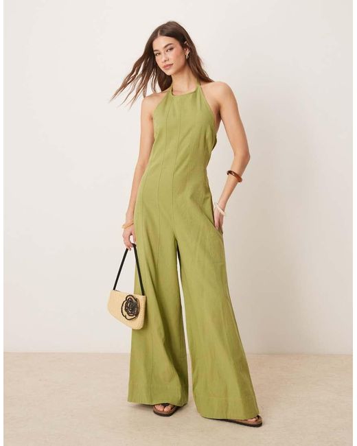 ASOS Green Halterneck Seamed Jumspuit With Wide Leg