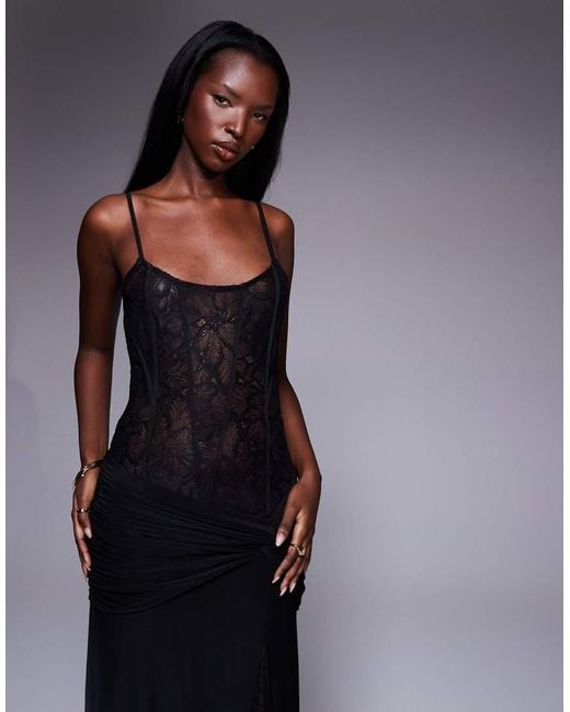 ASOS Blue Lace Corseted Maxi Dress With Full Panelled Skirt