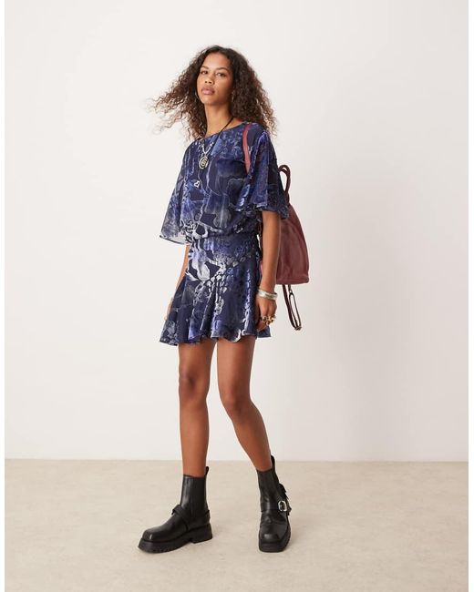 Free People Blue Devore Boho Floaty Mini Dress