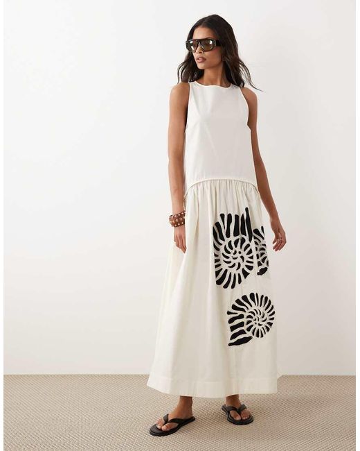 ASOS Dropped Waist Maxi Dress With Natural Shell Embroidery