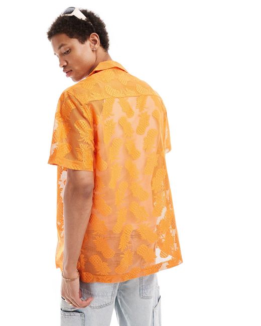 Chemise manches courtes en dentelle avec col à revers profonds et motif ananas ASOS pour homme en coloris Orange