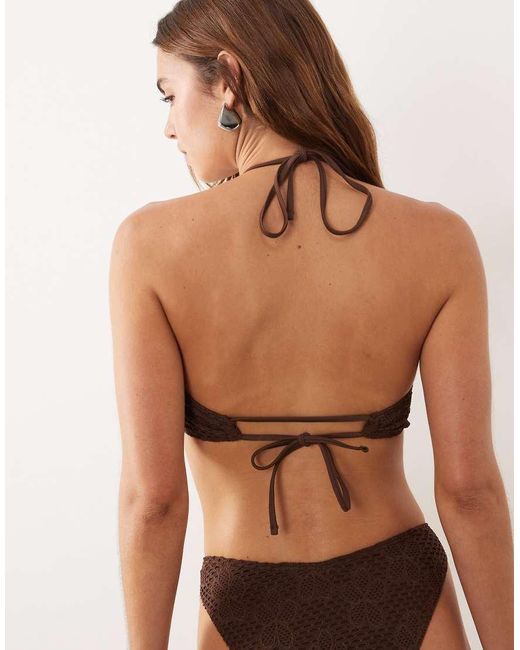 Miss Selfridge Brown Crochet Halterneck Faux Pearl Bikini Top