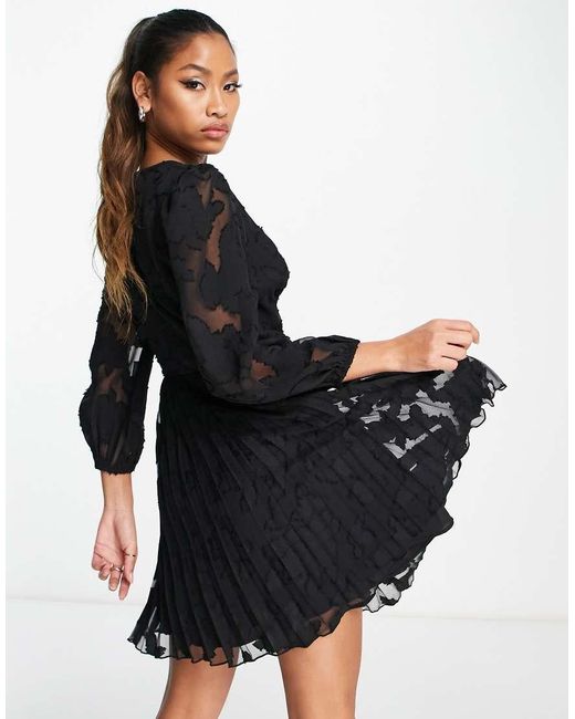 ASOS Black Burnout Button Through Shirred Waist Pleated Mini Dress