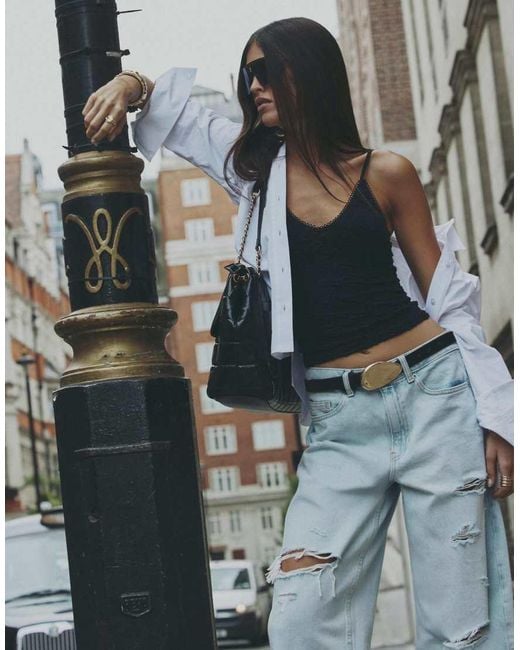 River Island Gray Ripped Raw Hem Barrel Leg Jeans