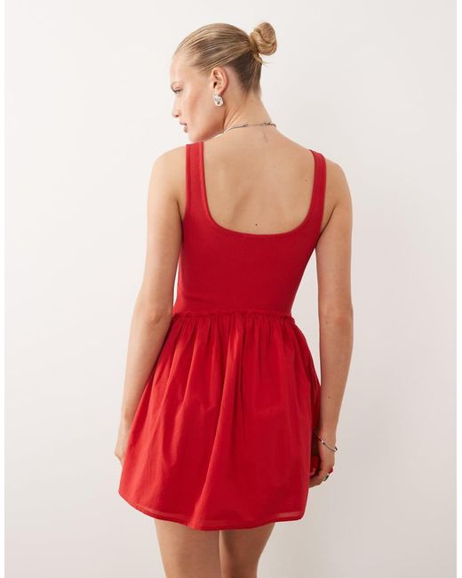ASOS Red Scoop Ribbed Bodice With Poplin Skirt Mini Dress