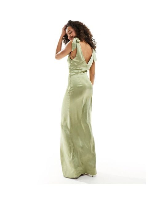 Pretty Lavish Green Bridesmaid Piper Satin Tie Shoulder Maxi Dress