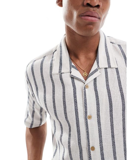 Threadbare Blue Linen Blend Short Sleeve Revere Collar Shirt for men