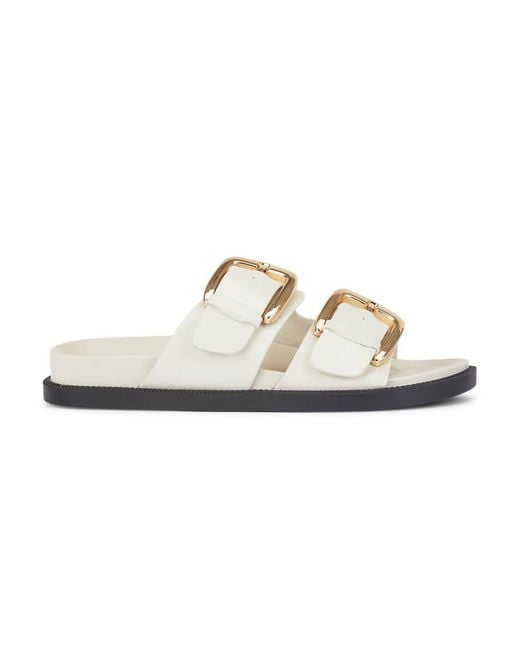 SEQWL White Flat Mule Sandals Double Strap Slides With Buckle Detail