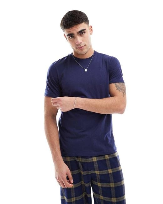 New Look Blue Woven Check Pyjama And T-Shirt Set for men