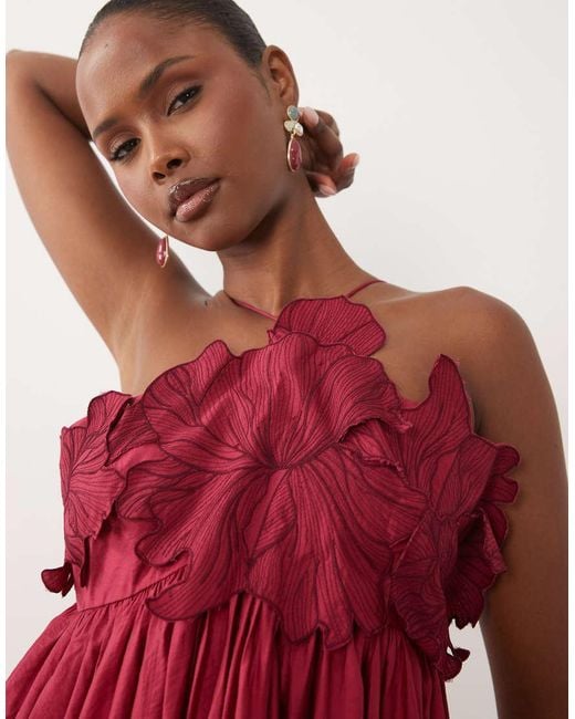 ASOS Red Trapeze Halter Mini Dress With Embroide Bodice