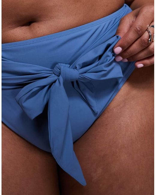ASOS Blue Asos Design Curve Penelope Pleat High Waist Bikini Bottoms With Front Tie