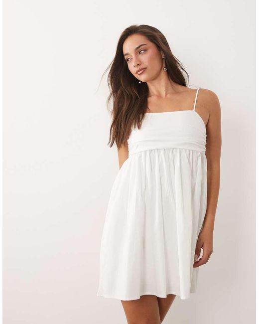 Fashionkilla White Exclusive Cotton Rich Poplin Cami Ruched Bust Detail Babydoll Mini Dress