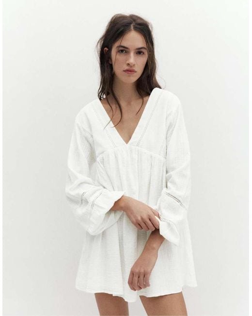 Pull&Bear White Short Puff Sleeve Dress
