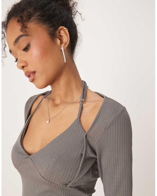 ASOS Gray Rib Halter Neck Long Sleeve Top