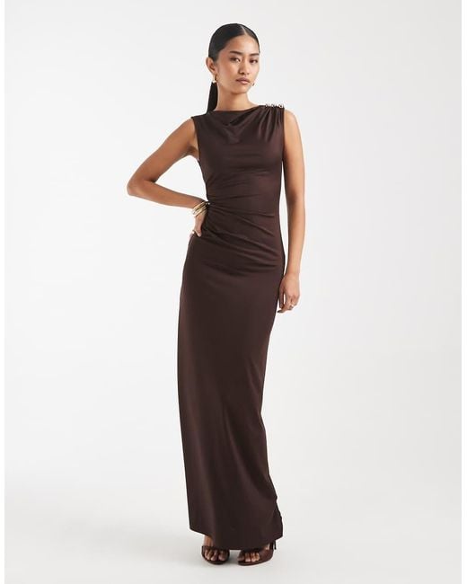 4th & Reckless White Ruched Side Sleeveless Gold-tone Metal Shoulder Detailing Maxi Dress