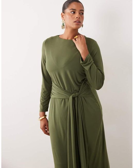 Tfnc Plus Green Slinky Slash Neck Drape Front Maxi Dress