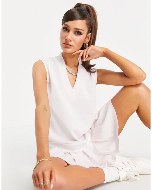 Adidas Originals Pink 'tennis Luxe' Logo V Neck Pleated Dress