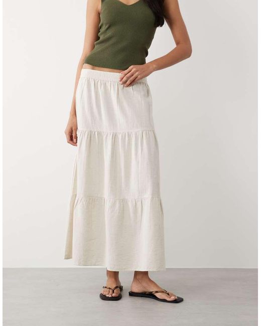 Vila White Linen-blend Tiered Maxi Boho Skirt