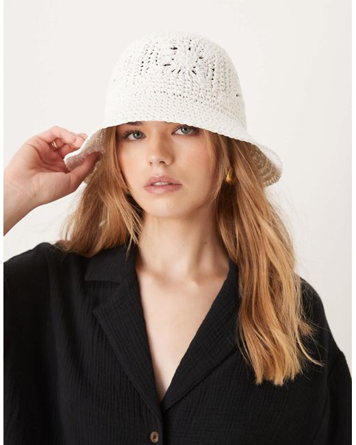 ASOS Black Straw Packable Floral Crochet Bucket Hat