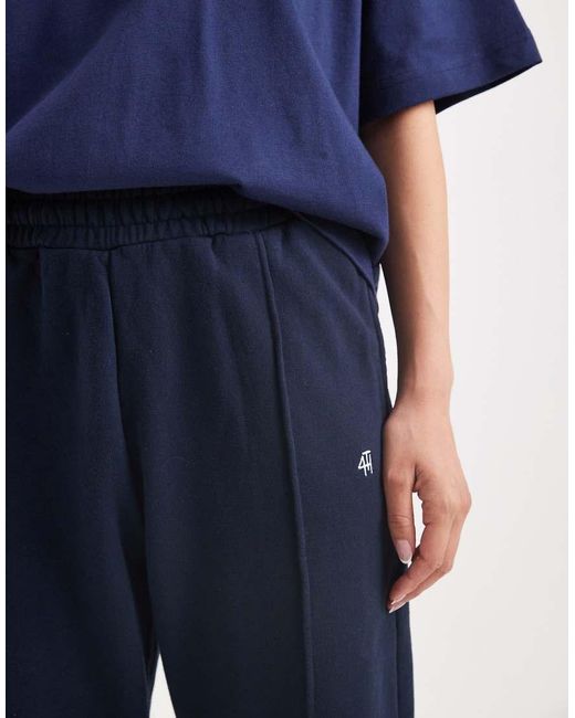 4th & Reckless Blue Cotton Embroidered Logo Seam Detail Wide Leg Sweatpants