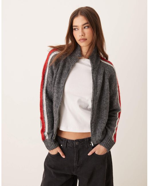 Mango Natural Zip Up Side Stripe Cardigan