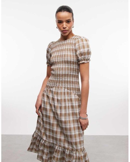 Daisy Street Natural Drop Waist Shirred Midi Dress With Puff Sleeves