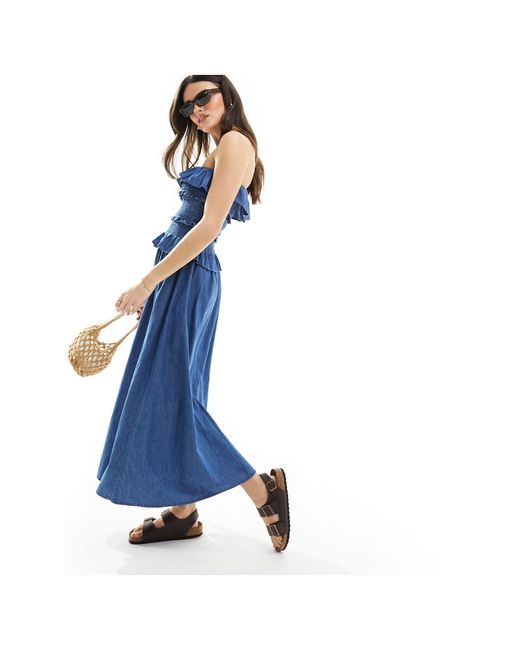 ASOS Blue Soft Denim Maxi Dress With Frill Detail