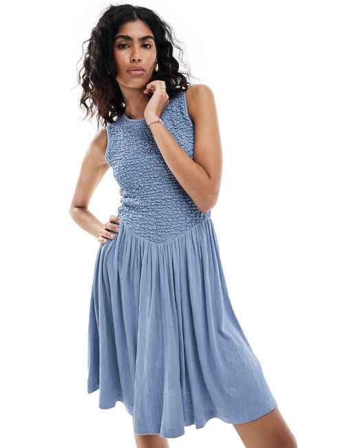 ASOS Blue Crinkle Shirred Bodice Mini Dress With Open Back