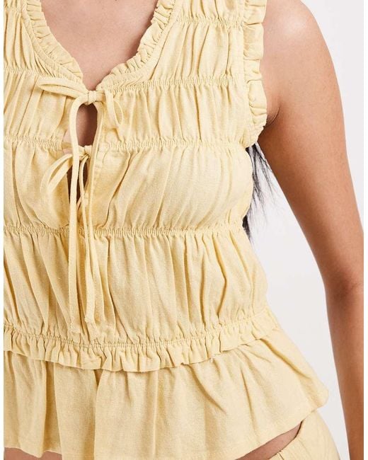 ONLY Natural Linen Blend Tie Front Ruched Top Co-ord