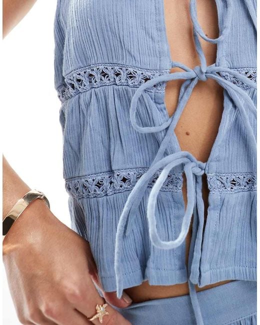 esmé studios Blue Esmee Exclusive Tie Front Tiered Beach Crop Top