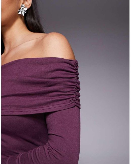 Fashionkilla Purple Exclusive Cotton Rich Bardot Ruched Drop Waist Ruffle Hem Mini Dress