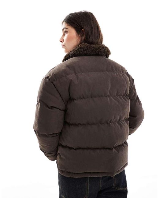 Brave Soul Black Short Puffer Jacket With Shearling Collar
