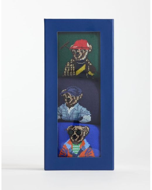 Polo Ralph Lauren Blue 3 Pack Embroidered Bear Socks Gift Set for men