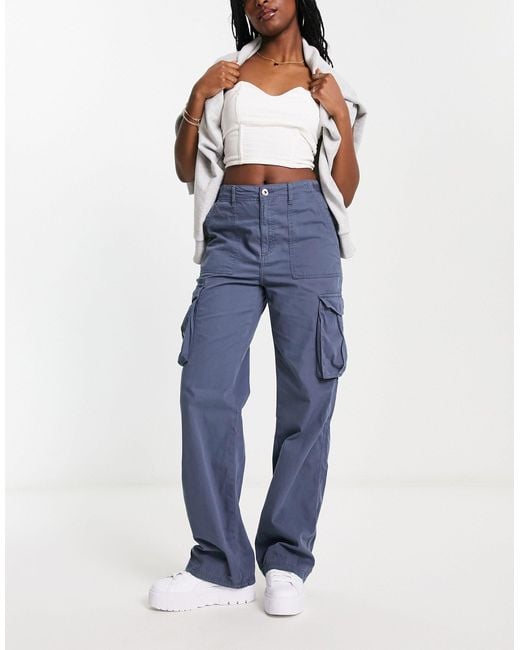 Bershka Straight Leg Cargo Trousers in Blue Lyst