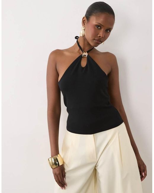 ASOS Black Compact Cotton Keyhole Halter Neck Top With Gold Trim